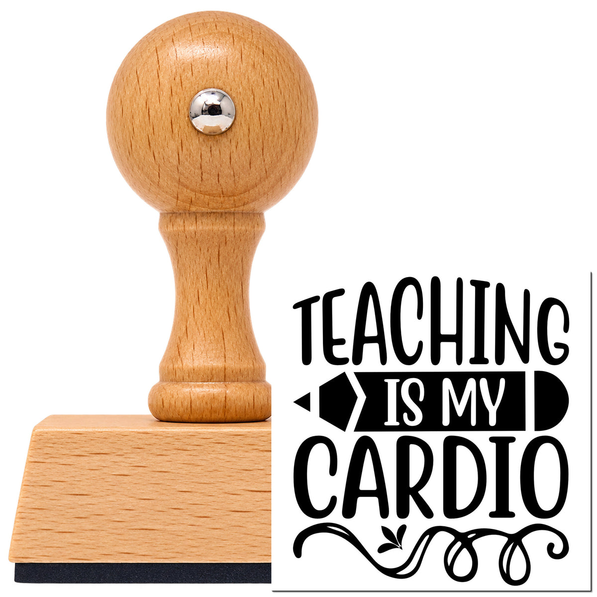 Teaching Cardio Pencil Banner Lettering Flourish Vintage Pro rubber stamp in European beech wood with a round knob handle, shown beside its black imprint.