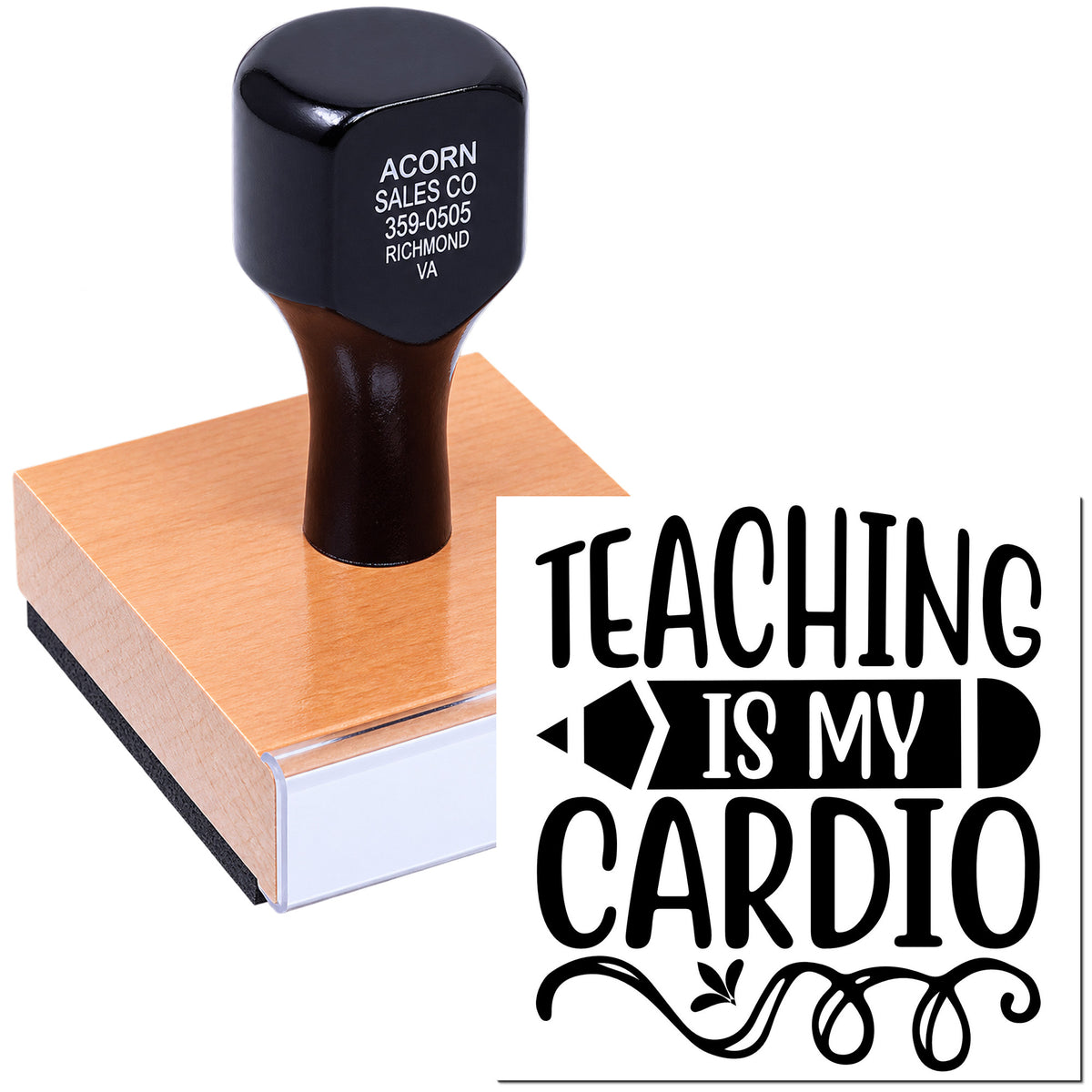 Custom teacher rubber stamp with Teaching Is My Cardio design for classroom crafts, planner marking, and educator gifts.