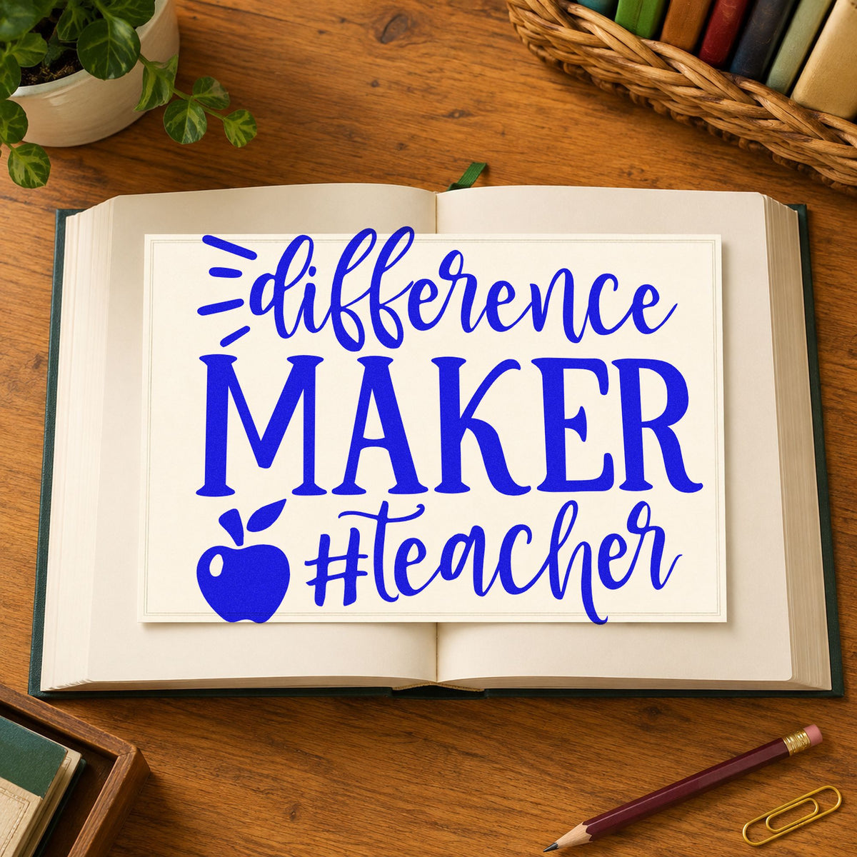 Difference Maker Teacher Apple craft stamp imprinted in blue ink on paper, a design suited to mailer bag seals.