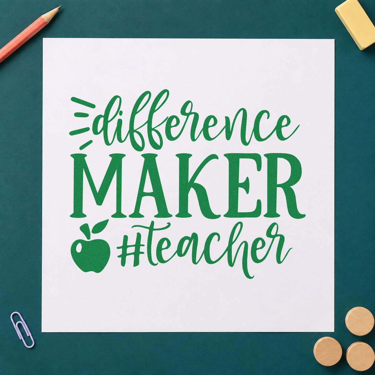 Difference Maker Teacher Apple craft stamp imprint in green ink on a handmade project, one idea being framed desk flat.