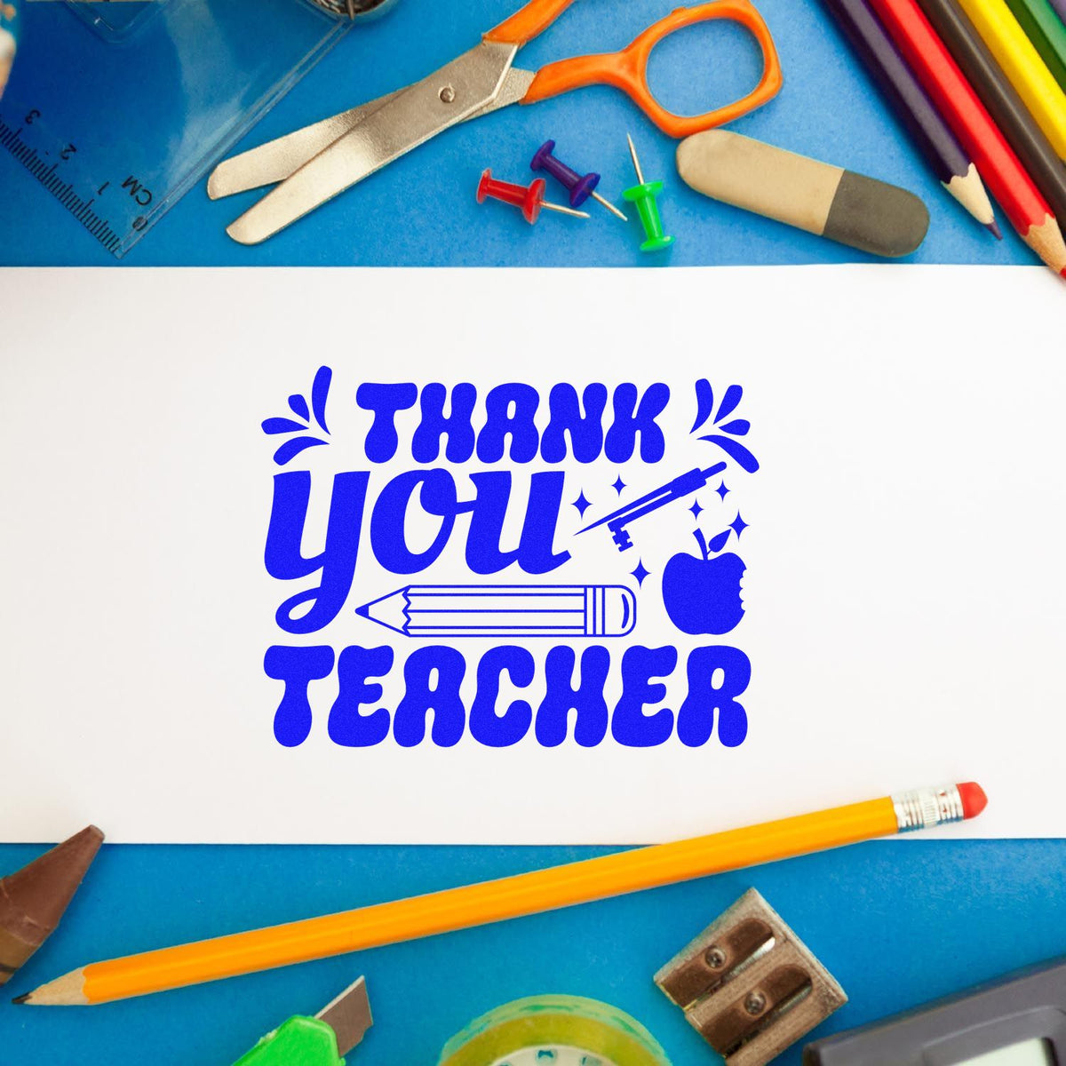 Thank you teacher rubber stamp with school supplies, perfect for classroom appreciation cards, gifts, and teacher crafts.