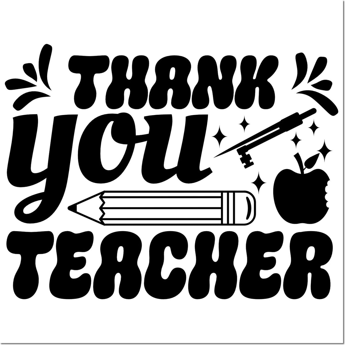 Thank You Teacher rubber stamp design with pencil, apple, and sparkles for classroom appreciation gifts