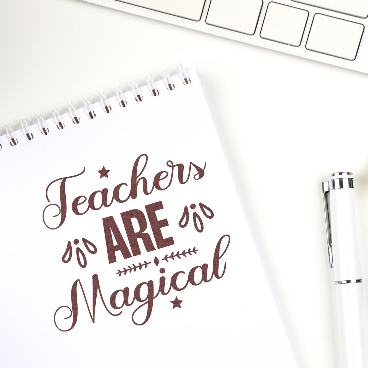 Custom teacher rubber stamp design reading Teachers Are Magical for classroom crafts, planner decor, and teacher gifts.