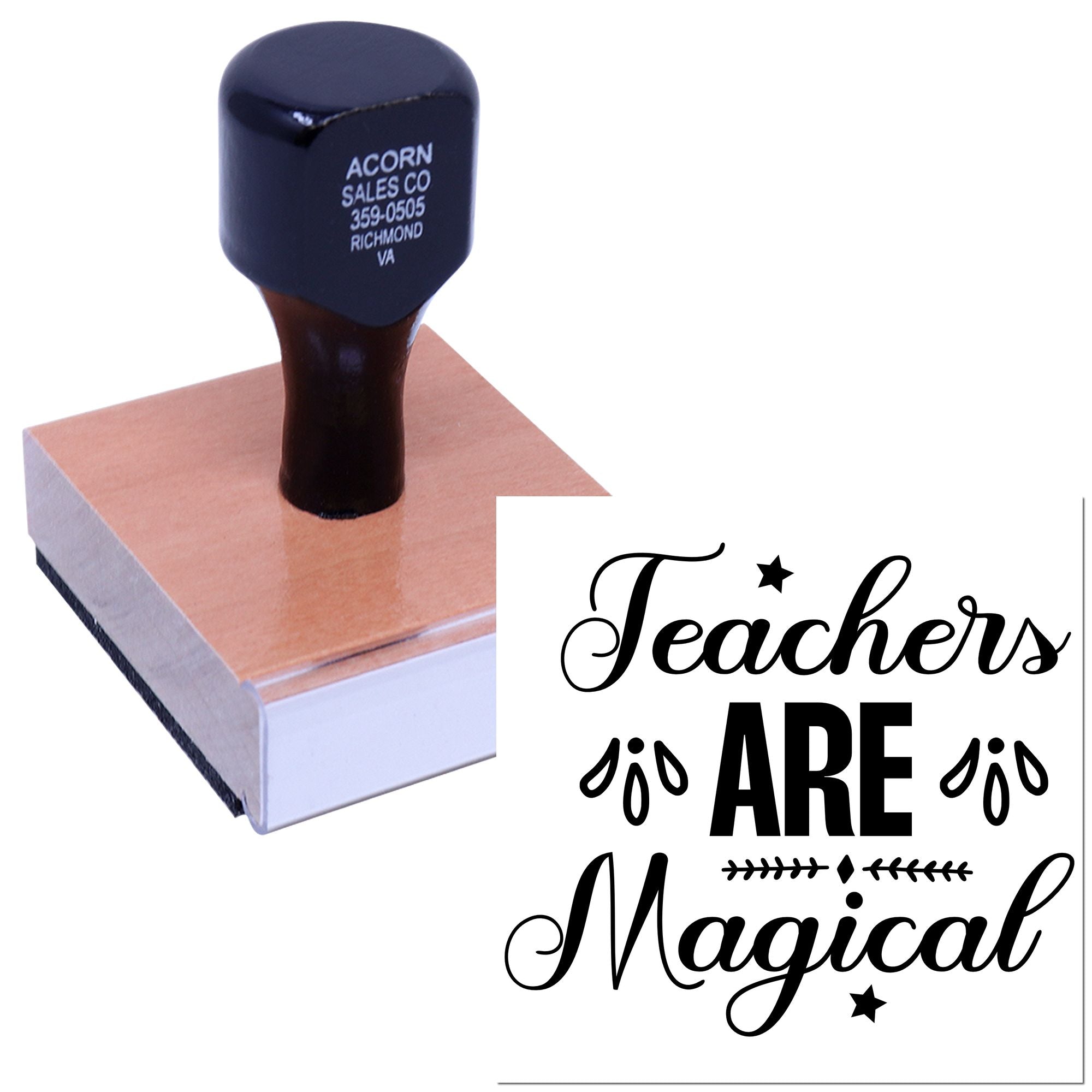 Custom teacher rubber stamp with Teachers Are Magical design for classroom crafts, appreciation cards, and gifts.