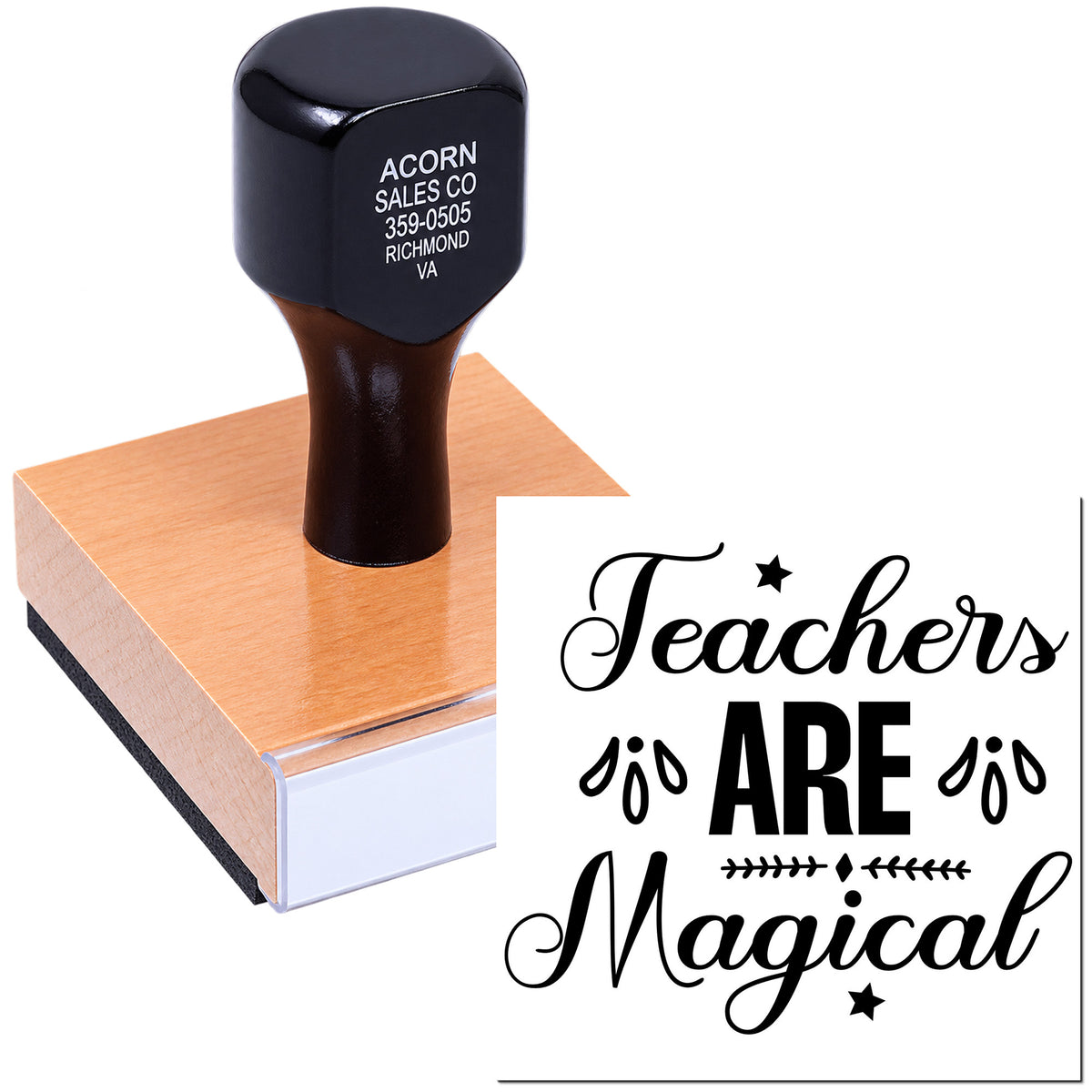 Custom teacher rubber stamp with Teachers Are Magical design for classroom crafts, appreciation cards, and gifts.