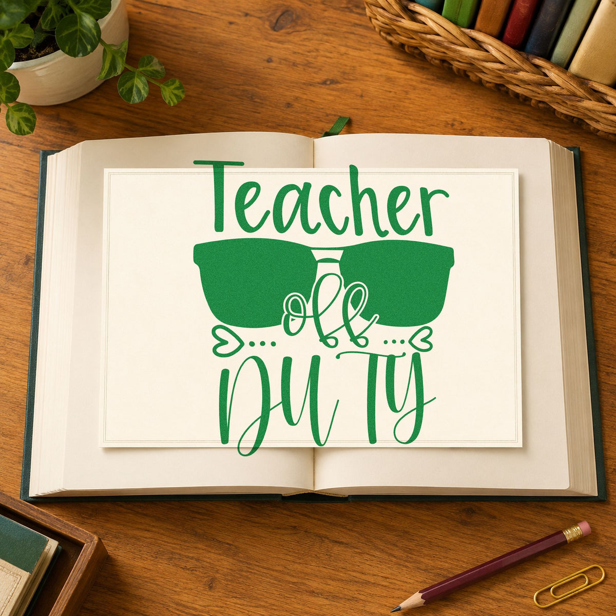 Teacher Off Duty Sunglasses With Hearts Hand Stamp – Duo in use 3