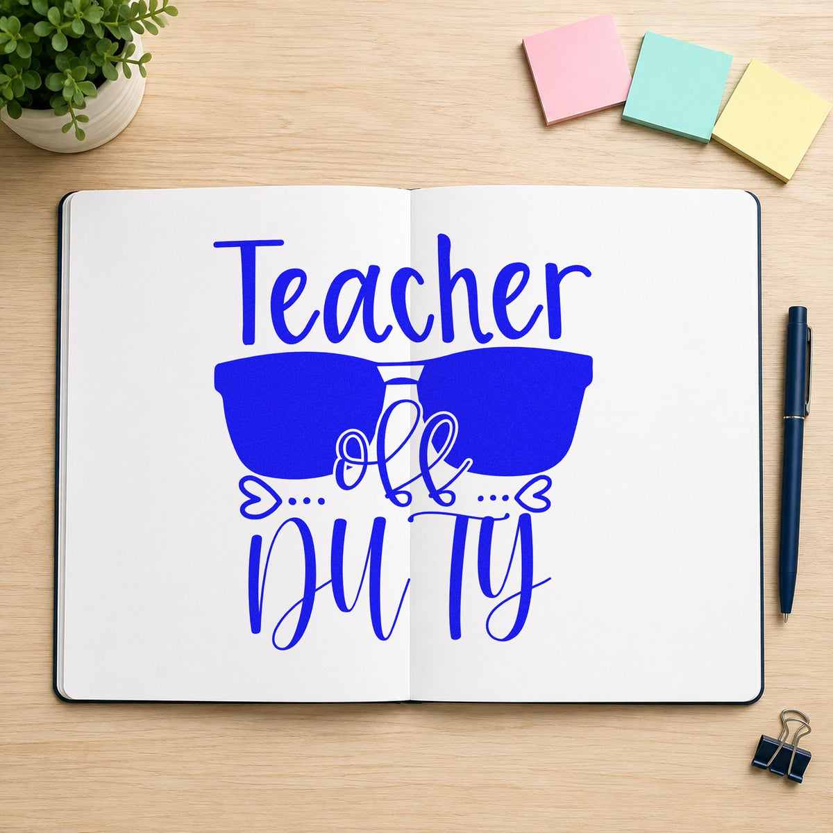 Teacher Off Duty Sunglasses craft stamp imprinted in blue ink on paper, a design suited to passport cover seals.