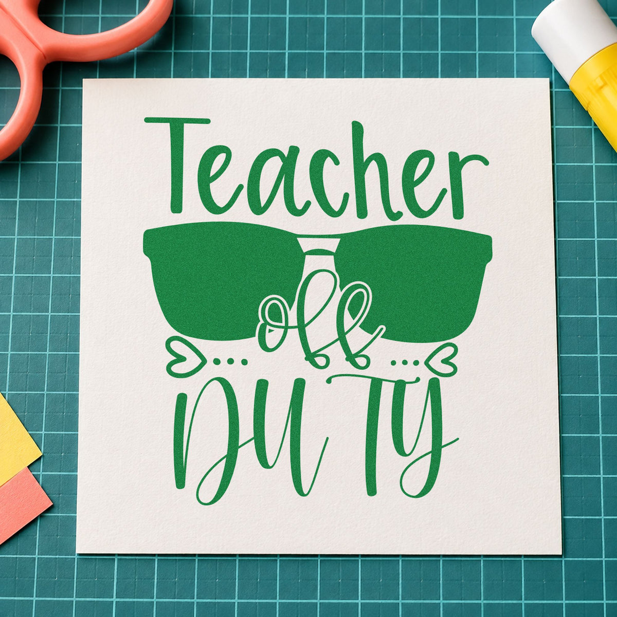 Teacher Off Duty Sunglasses craft stamp imprint in green ink on a handmade project, one idea being framed patio chair.