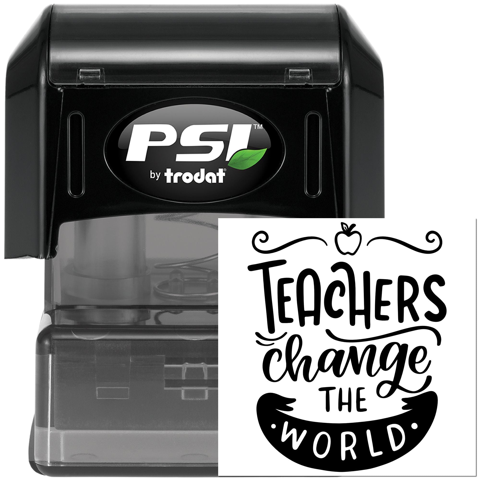 PSI by Trodat self-inking rubber stamp showing Teachers Change the World design for educator appreciation.