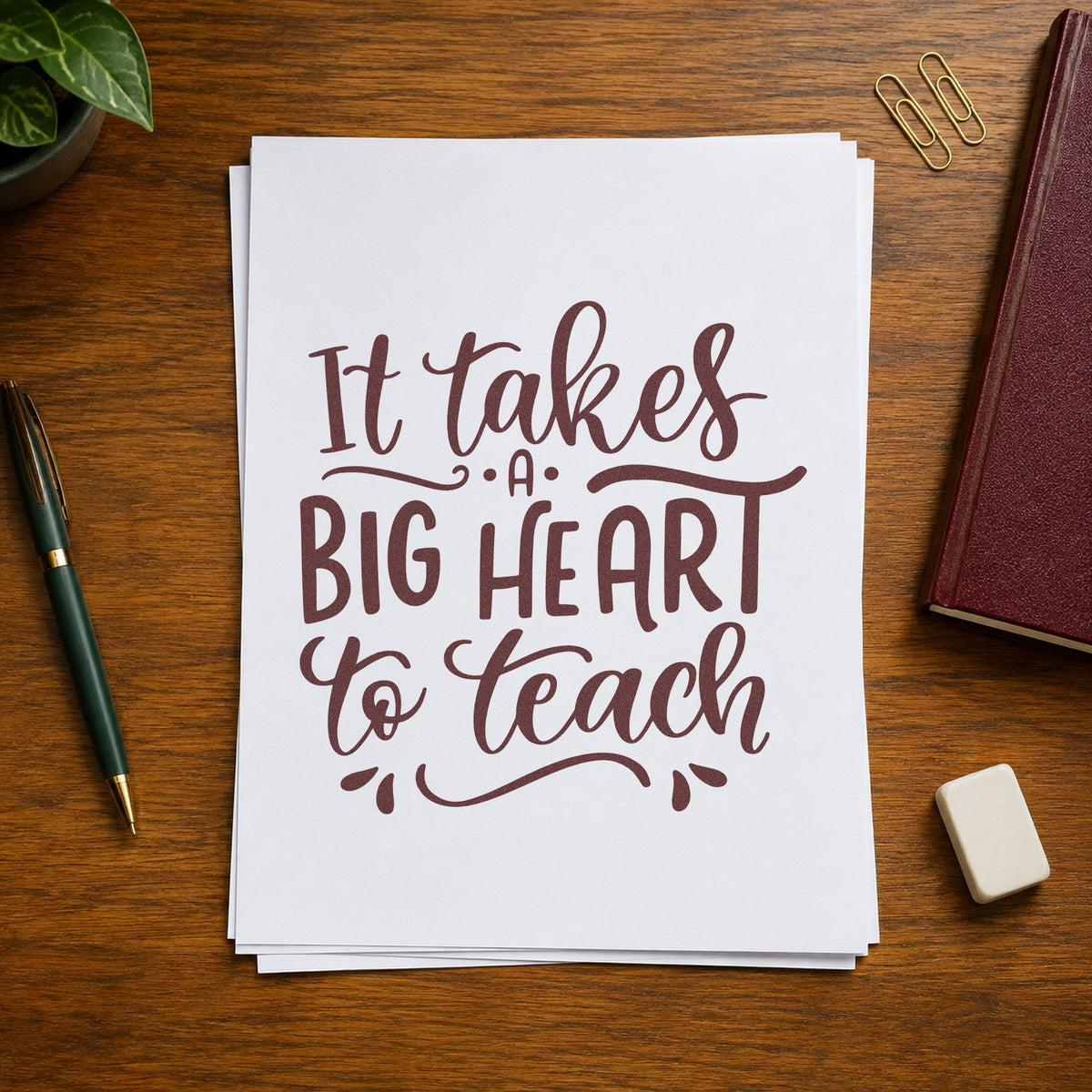 Big Heart To Teach rubber stamp printed in brown ink, ready for plinth front labels and similar paper crafts.