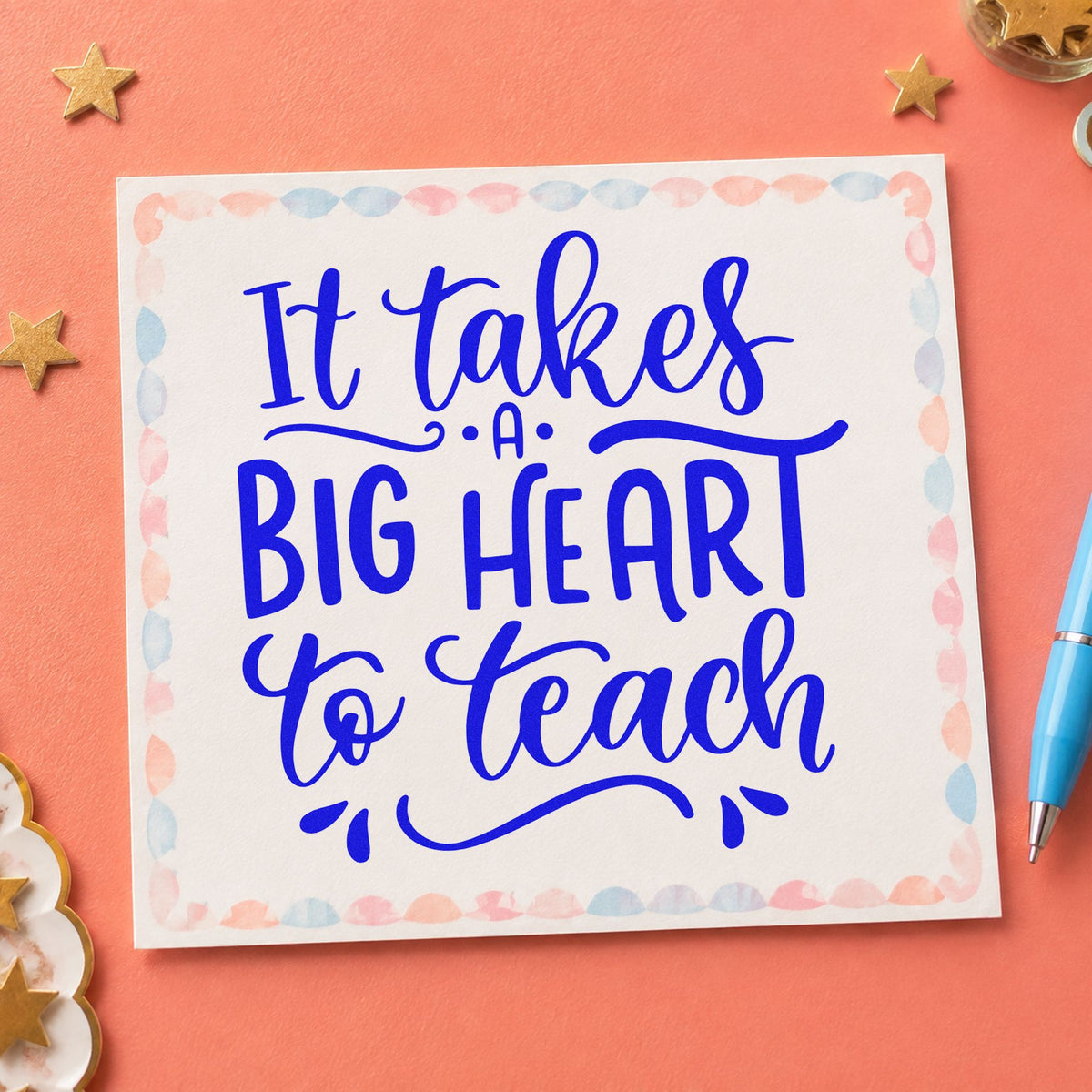 Big Heart To Teach craft stamp imprinted in blue ink on paper, a design suited to nominee pack seals.