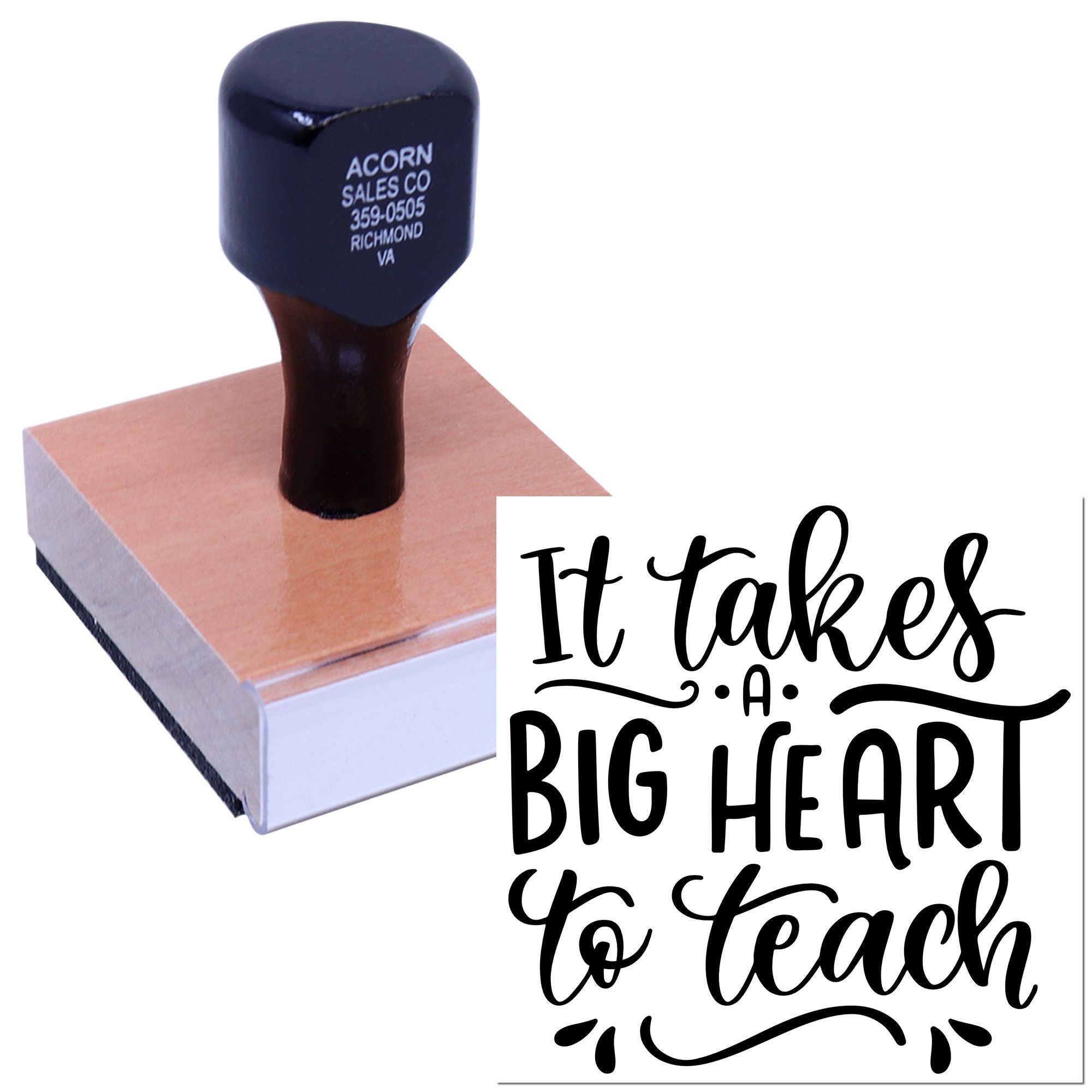 Custom rubber stamp with It Takes a Big Heart to Teach message for teacher appreciation crafts and classroom gifts