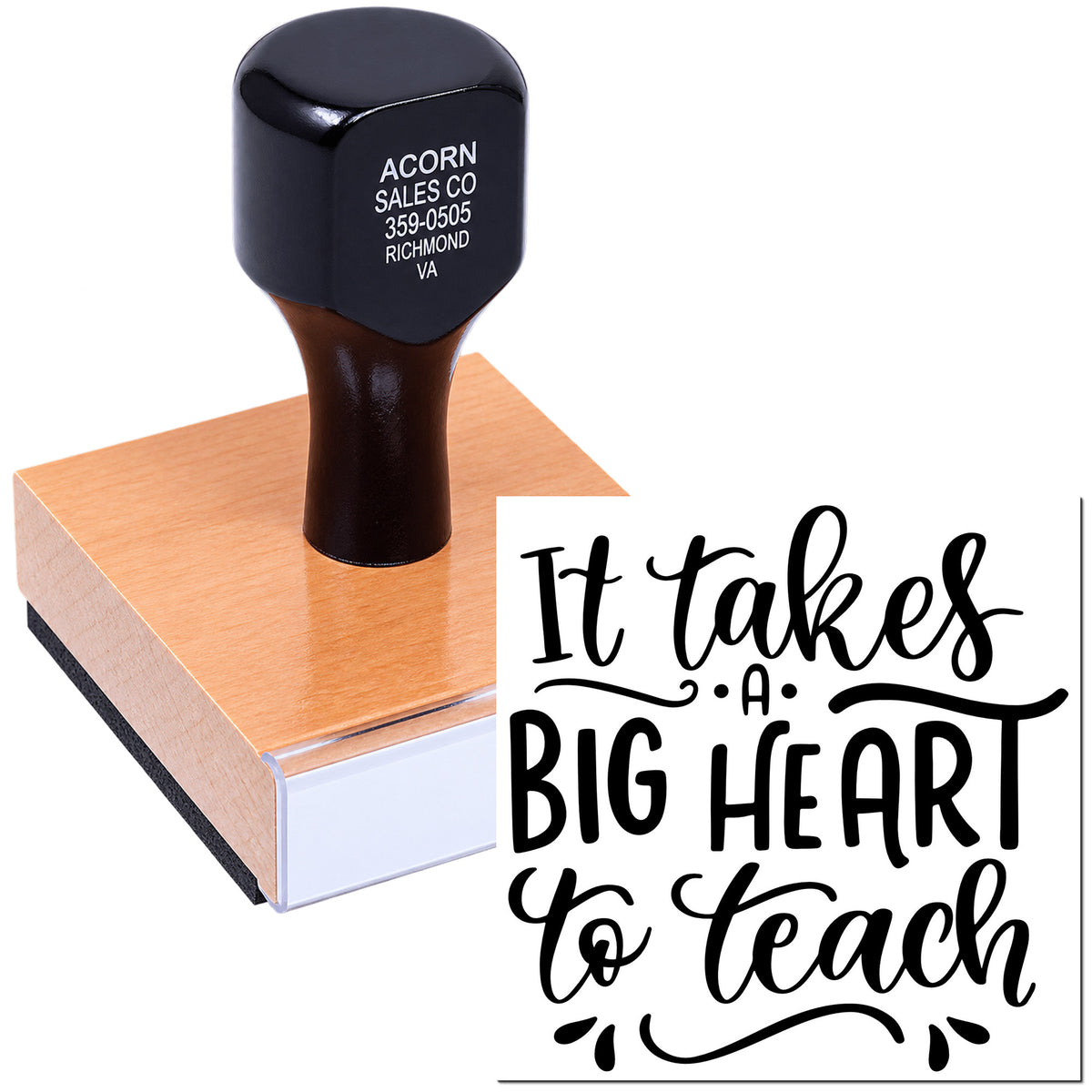 Custom rubber stamp with It Takes a Big Heart to Teach message for teacher appreciation crafts and classroom gifts