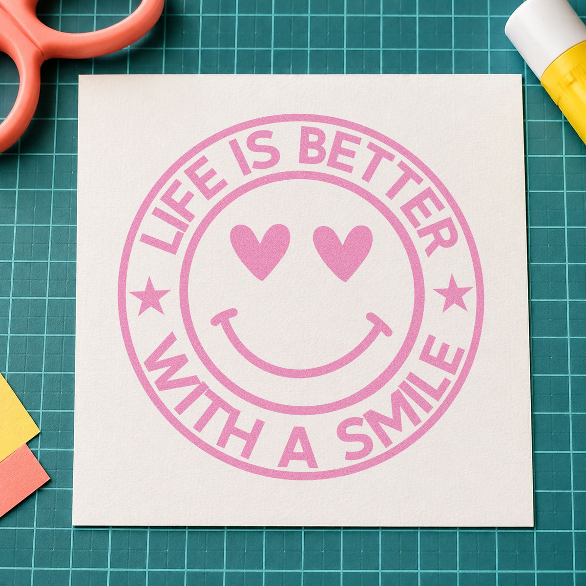 Life Better Smile Round Badge craft stamp in purple ink on cardstock, an easy option for smile chart tags.
