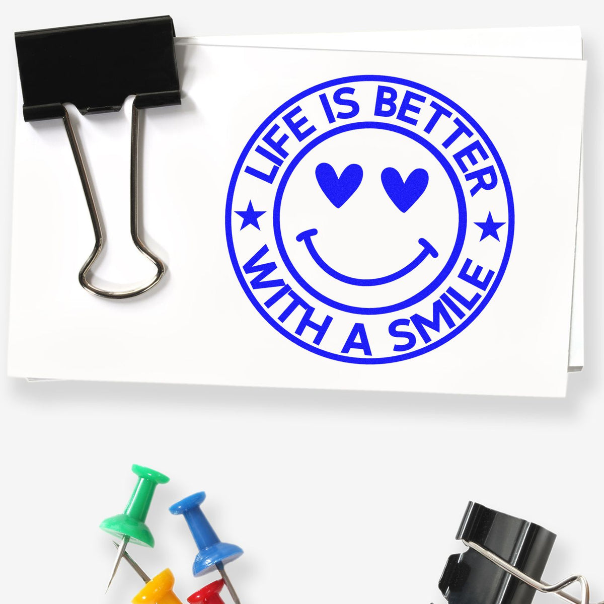 Custom rubber stamp with smiley face and Life Is Better With a Smile design for office, craft, and packaging use.