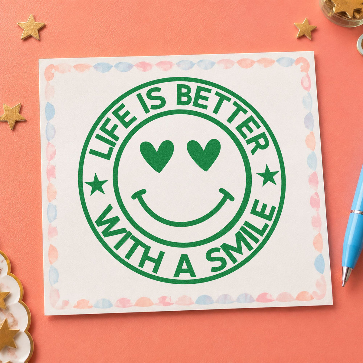Life Better Smile Round Badge craft stamp imprint in green ink on a handmade project, one idea being mood track pages.