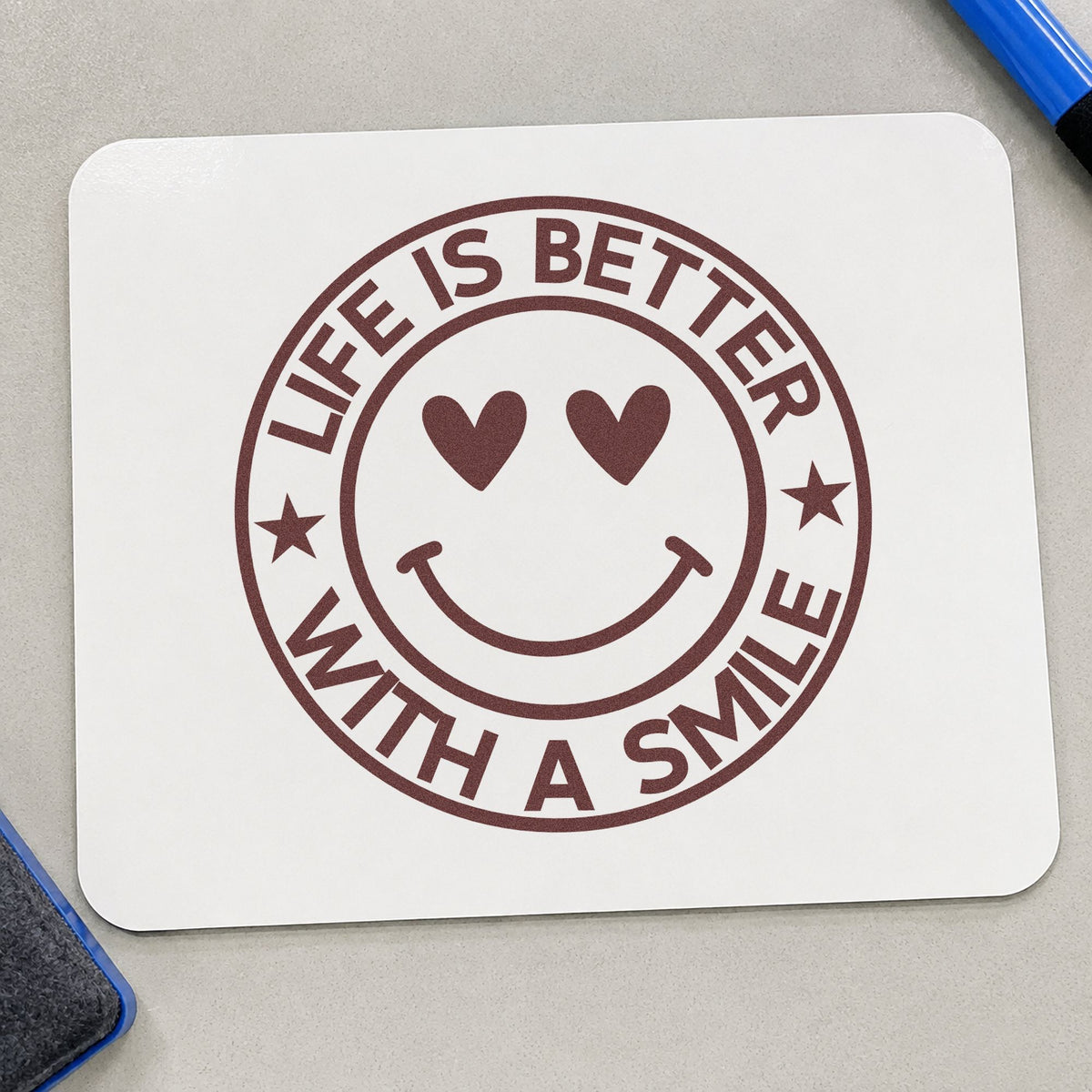 Life Better Smile Round Badge rubber stamp printed in brown ink, ready for sweet tub labels and similar paper crafts.