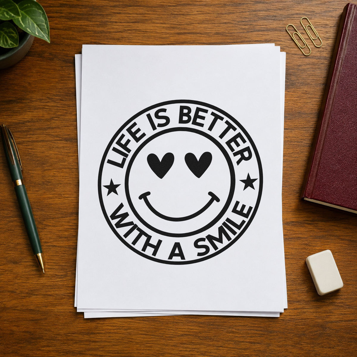 Life Better Smile Round Badge rubber stamp printed in black ink, ready for circling smiley cards and similar paper crafts.