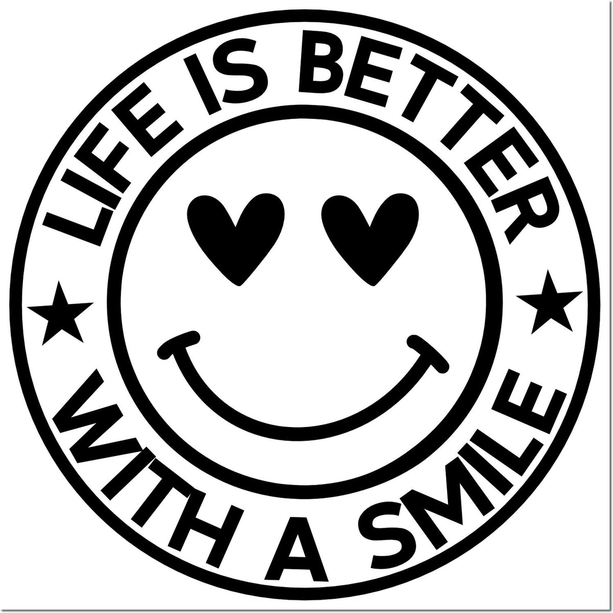 Life Is Better With a Smile circular rubber stamp design with heart-eyes smiley face and stars