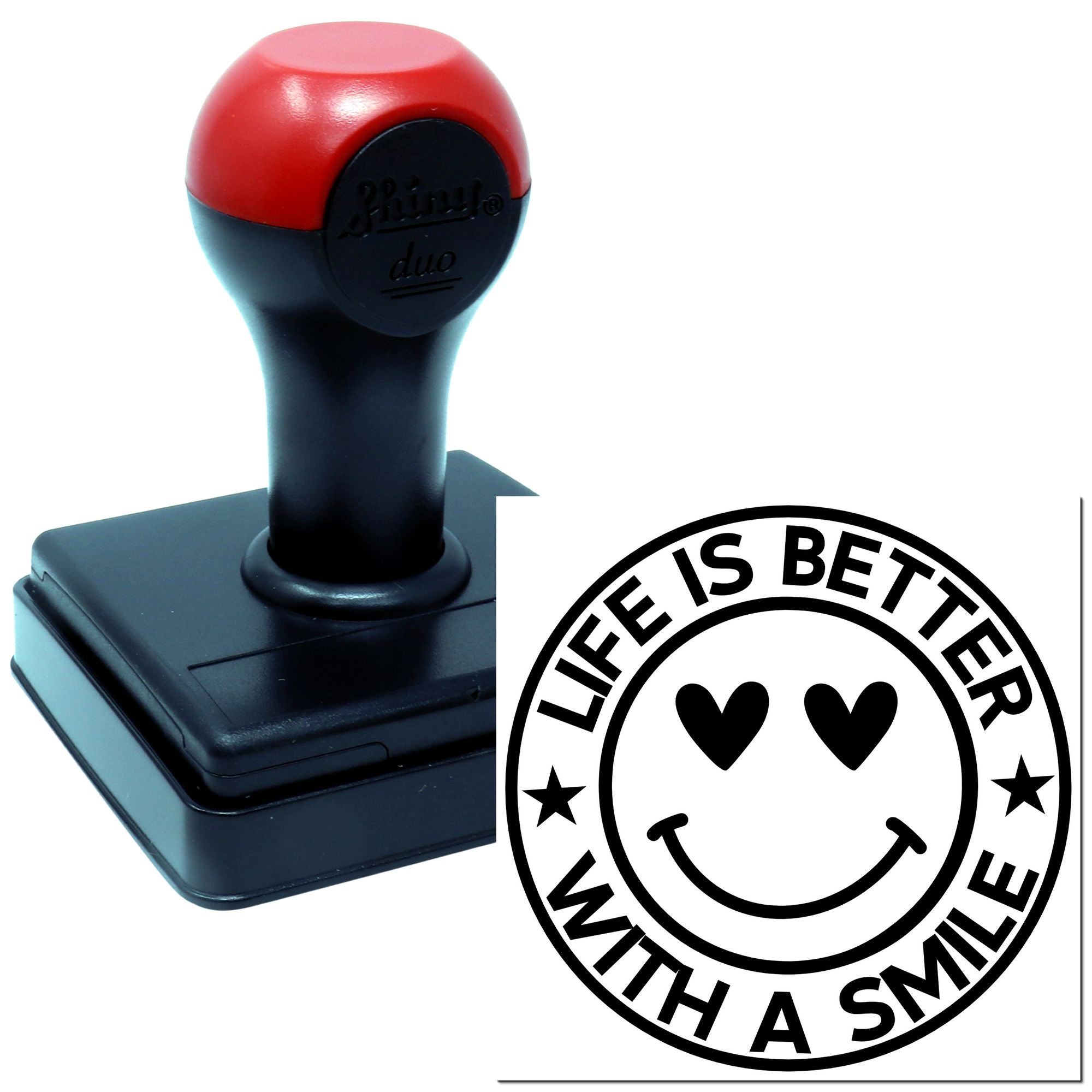 Custom self-inking rubber stamp with smiley face logo and "Life Is Better With A Smile" imprint for crafts and business use