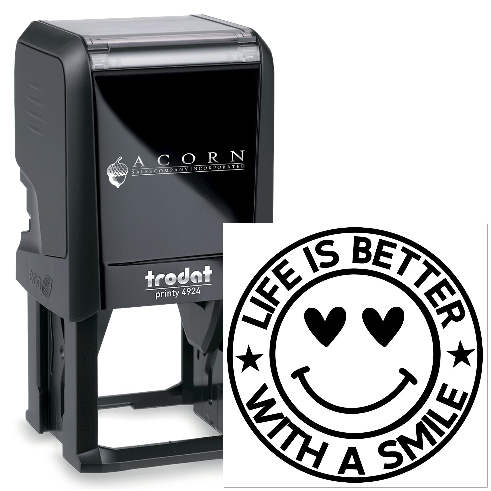 Trodat Printy 4924 self-inking rubber stamp with custom Life Is Better With a Smile smiley design.