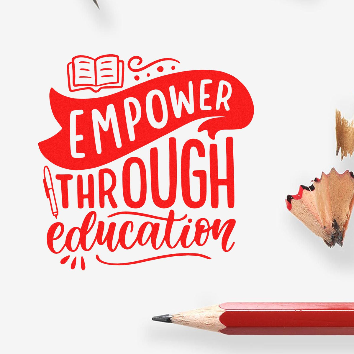 Educational rubber stamp design reading Empower Through Education with book and pencil icons in red.
