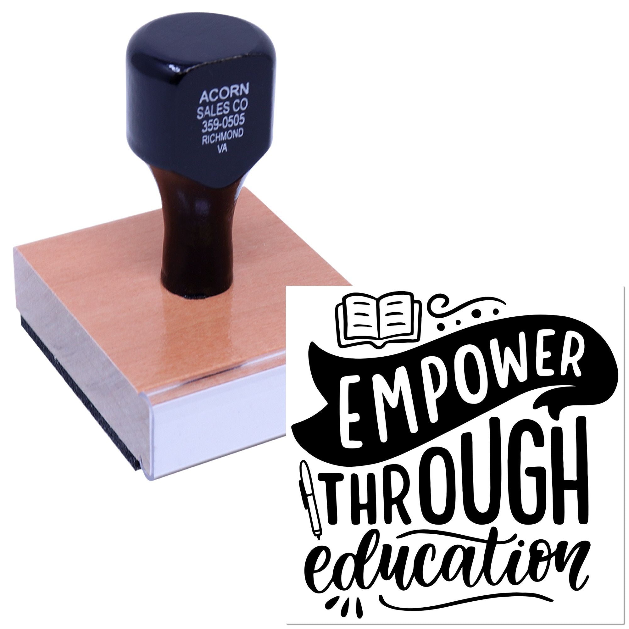 Custom rubber stamp with Empower Through Education imprint for education-themed branding and classroom materials.