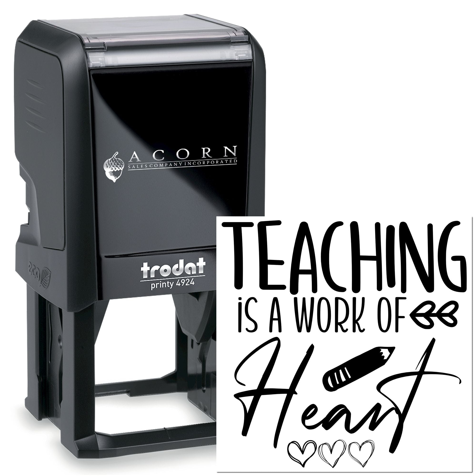 Custom self-inking teacher rubber stamp with Teaching is a work of Heart design for classroom grading and encouragement.
