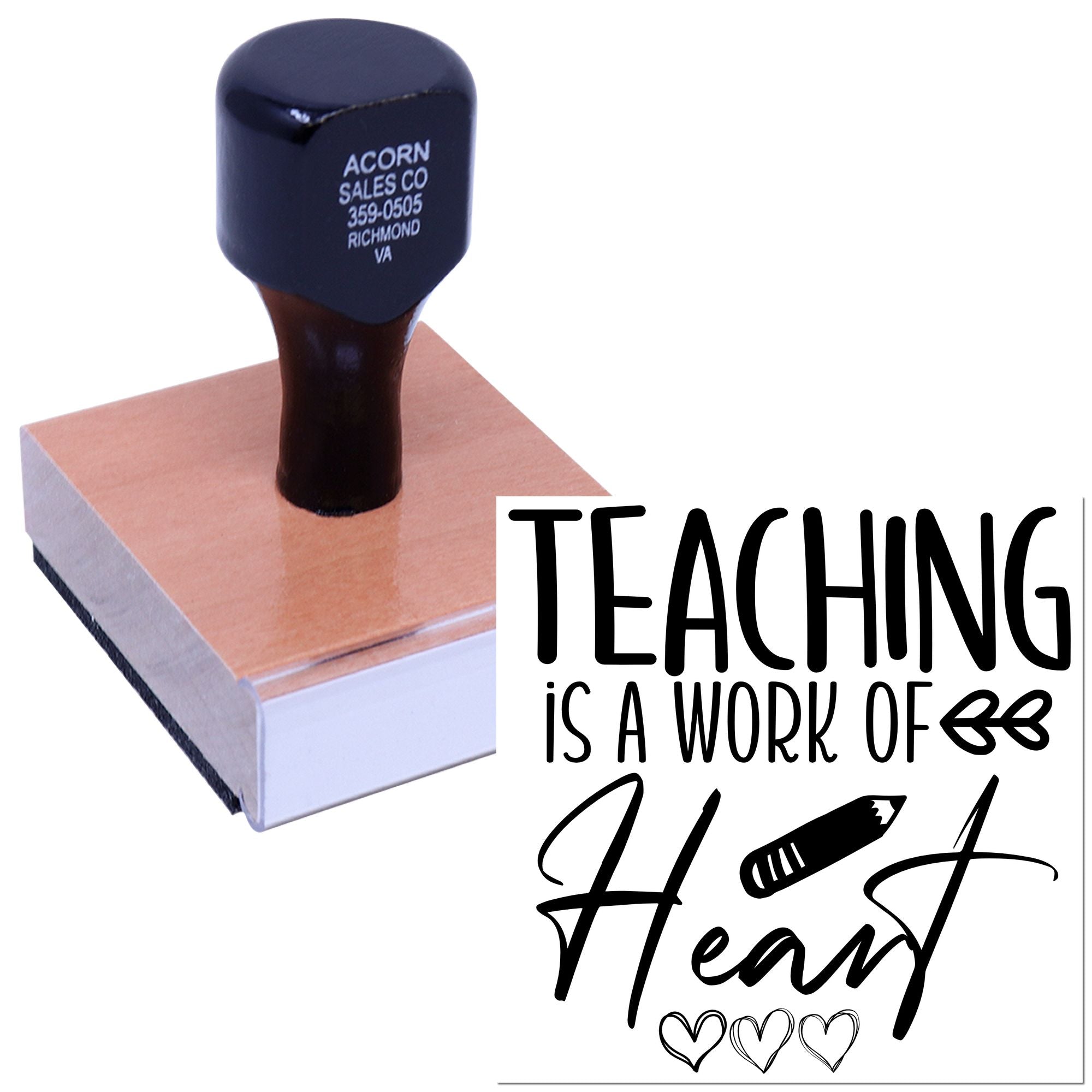 Teacher rubber stamp reading Teaching is a work of heart, ideal for classroom use, notes, and teacher appreciation gifts.