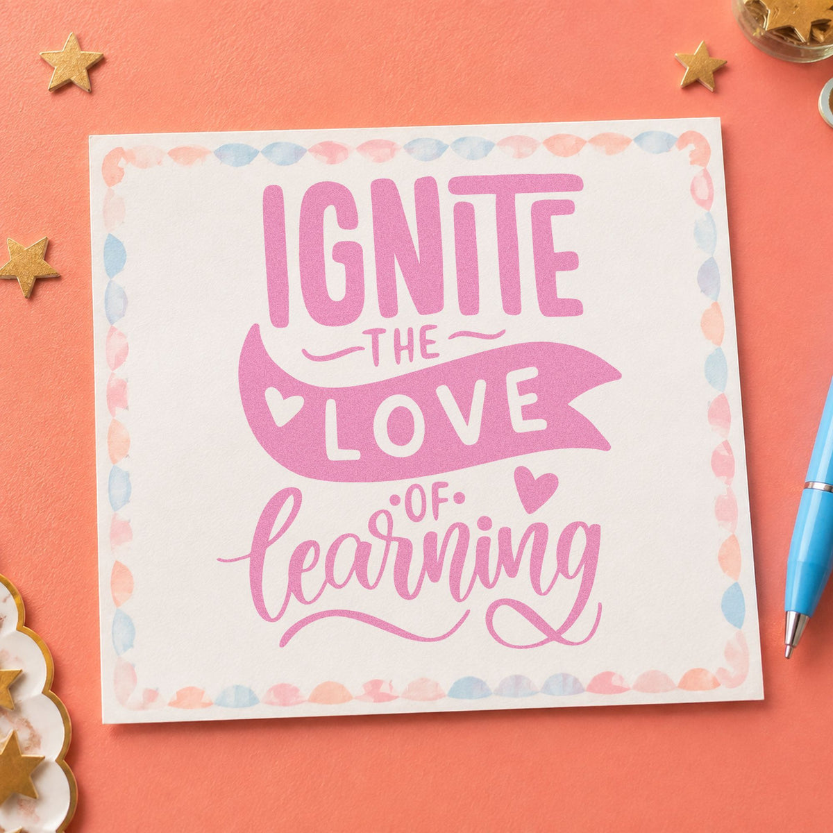Ignite Love Of Learning craft stamp in purple ink on cardstock, an easy option for wonder wall tags.