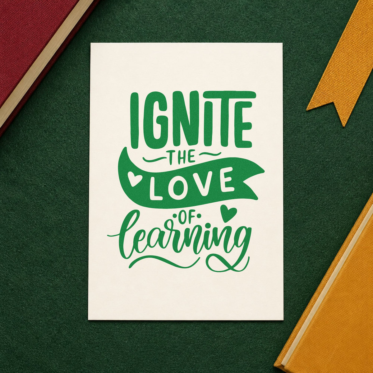 Ignite Love Of Learning craft stamp imprint in green ink on a handmade project, one idea being framed wonder corner.