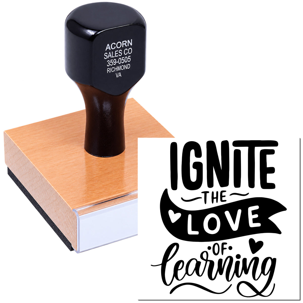 Custom rubber stamp with Ignite the Love of Learning design for teachers, classrooms, and motivational paper crafting.