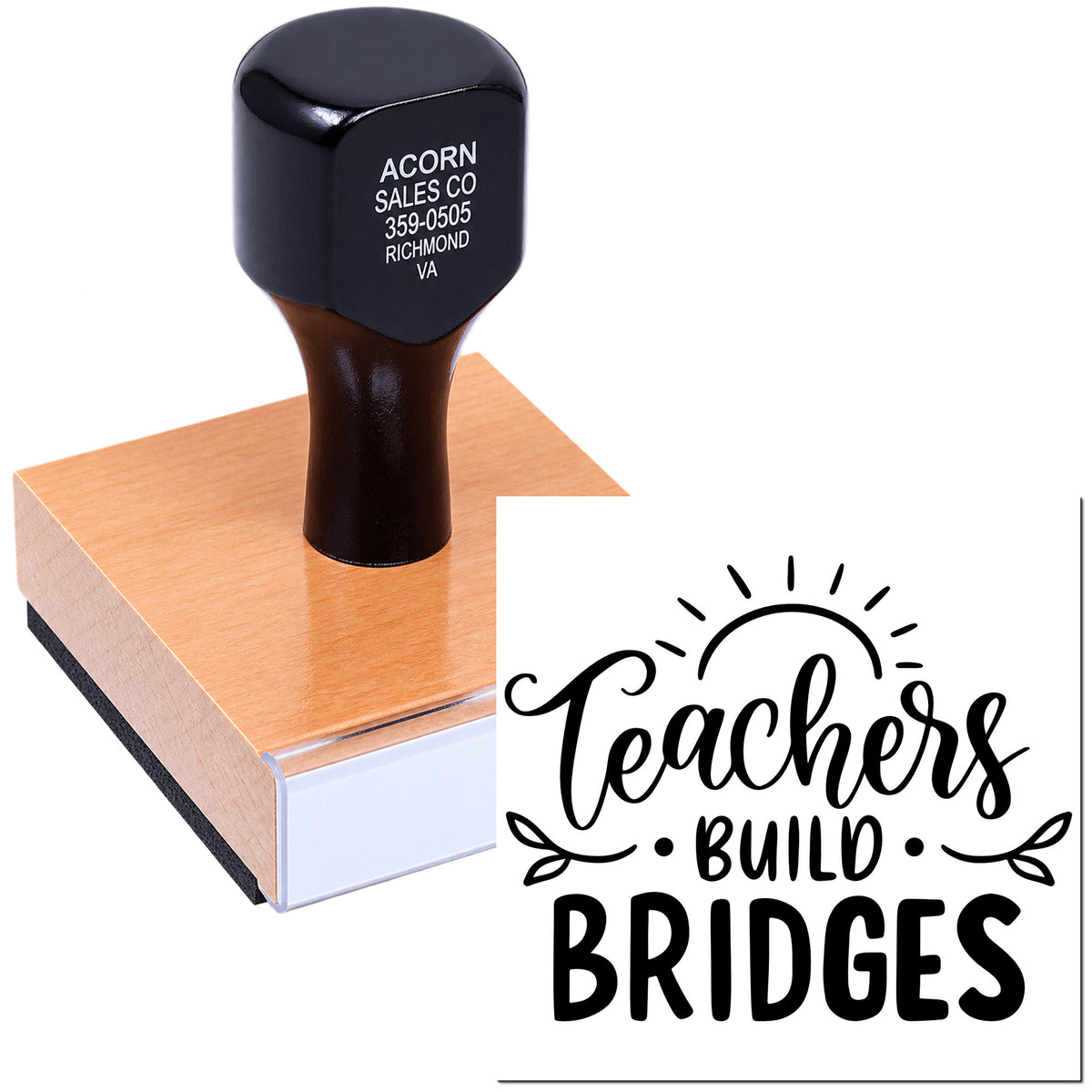 Custom teacher rubber stamp with Teachers Build Bridges design on a wooden block, ideal for classroom and education branding.