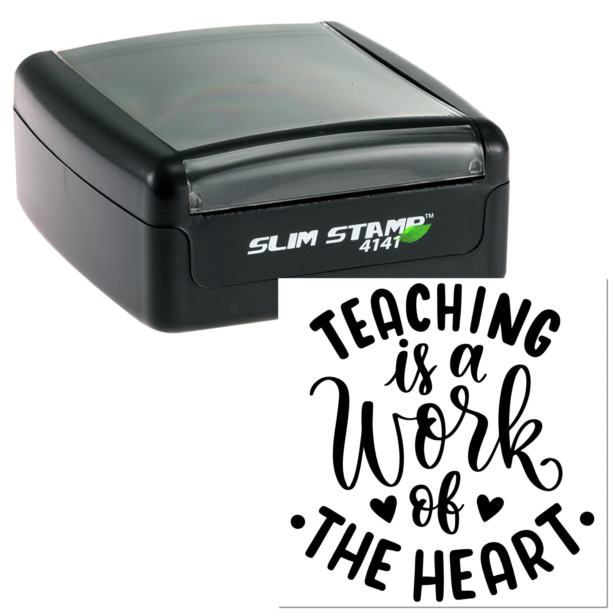 Self-inking rubber stamp with Teaching is a Work of the Heart design for teachers, classrooms, and appreciation gifts.
