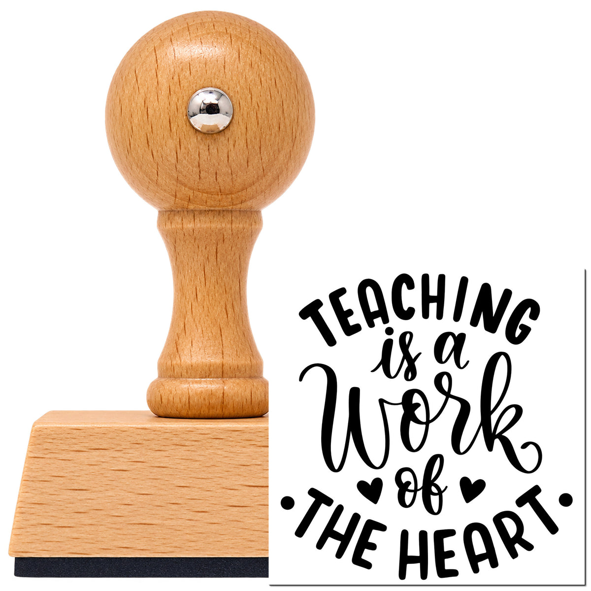Teaching Work Of The Heart Vintage Pro rubber stamp in European beech wood with a round knob handle, shown beside its black imprint.