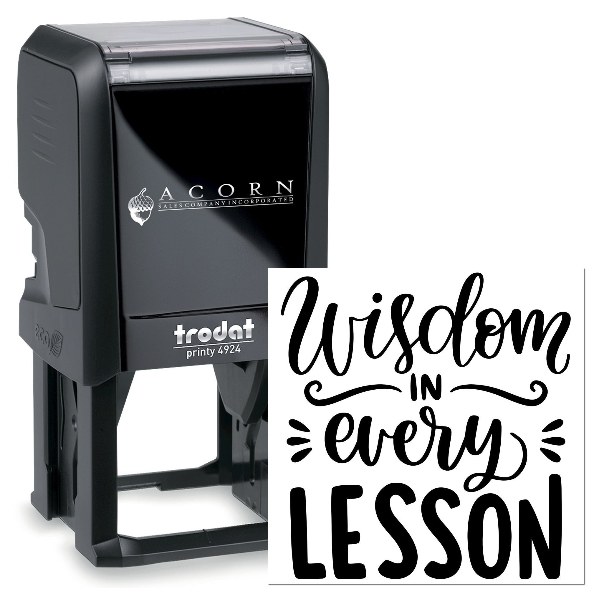 Trodat Printy 4924 self-inking rubber stamp with Wisdom in Every Lesson design for teachers and classroom use.