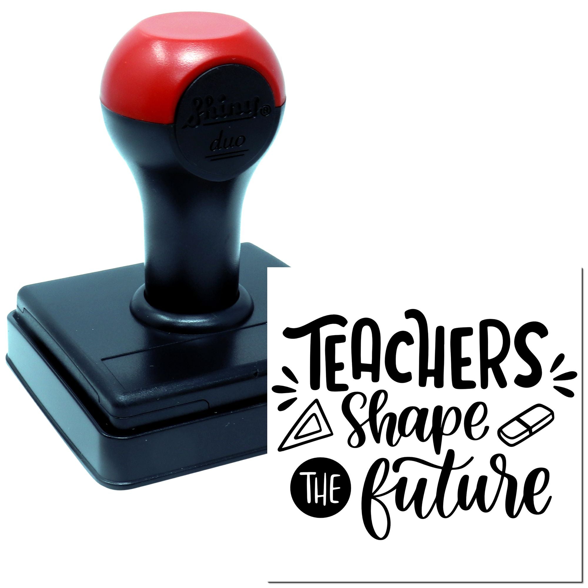 Self-inking rubber teacher stamp with Teachers Shape the Future design for classroom use and educator appreciation.
