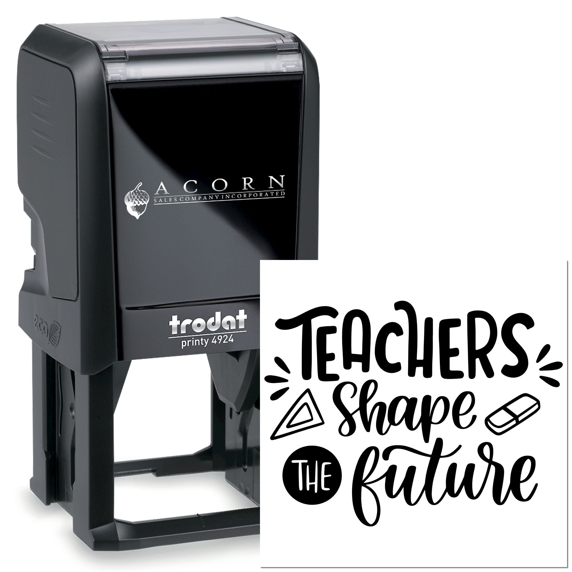 Trodat Printy 4924 self-inking rubber stamp featuring Teachers Shape the Future design for educators.