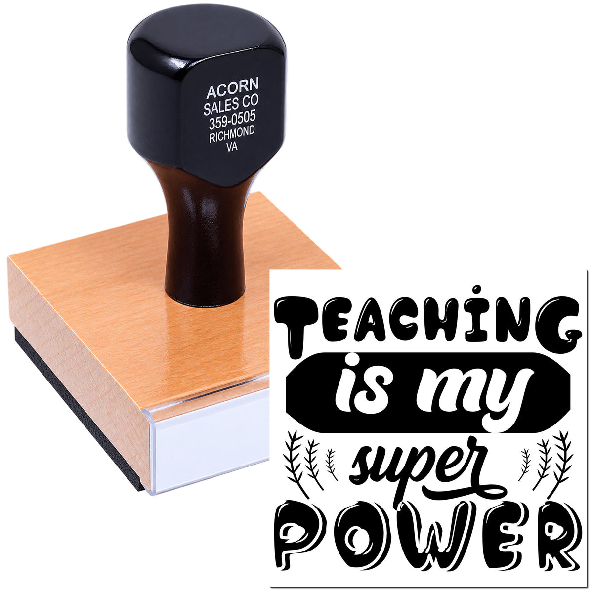 Custom teacher rubber stamp with Teaching is my super power design for classroom incentives and educator gifts.