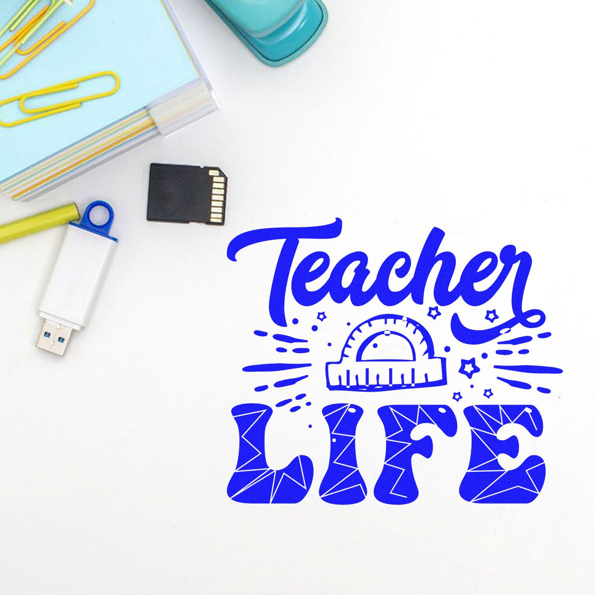 Teacher Life rubber stamp mockup with school supplies, perfect for classroom crafts, planner decor, and teacher gifts.