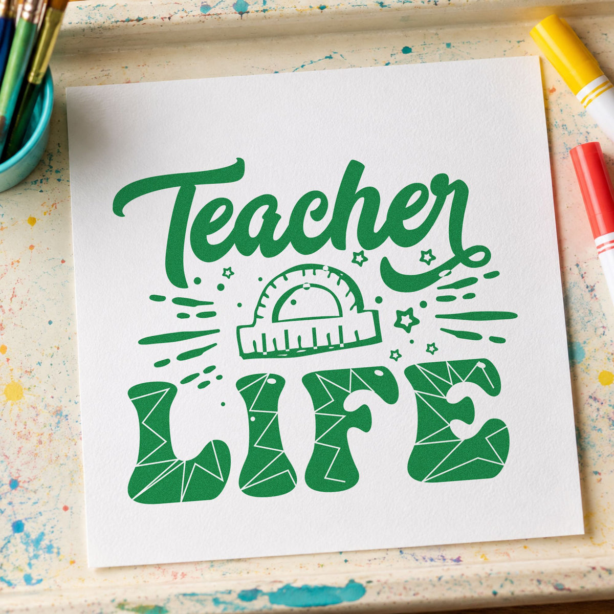 Pre-Inked Teacher Life Geometry Pattern With Stars Stamp – PSI in use 3
