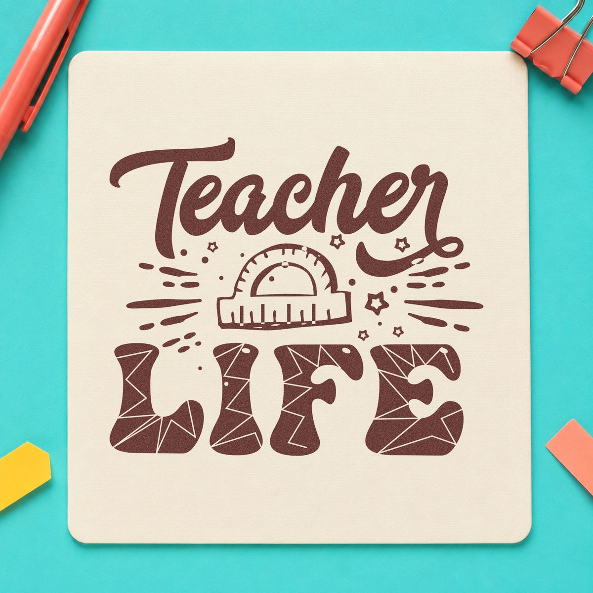 Teacher Life Geometry Pattern rubber stamp printed in brown ink, ready for shape tray labels and similar paper crafts.