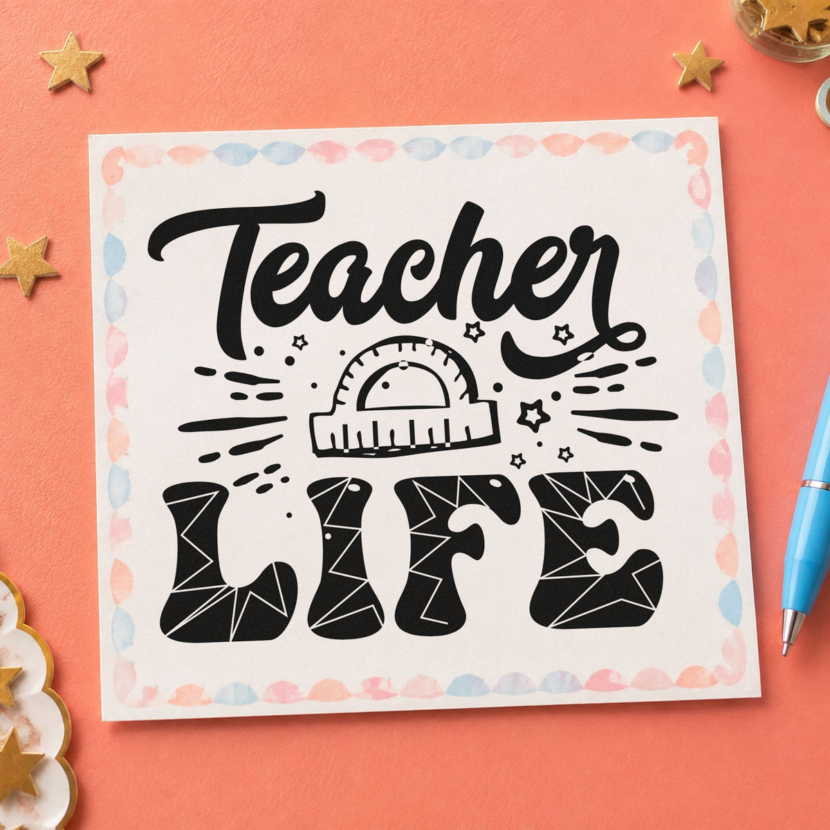 Teacher Life Geometry Pattern rubber stamp printed in black ink, ready for protractor stars cards and similar paper crafts.