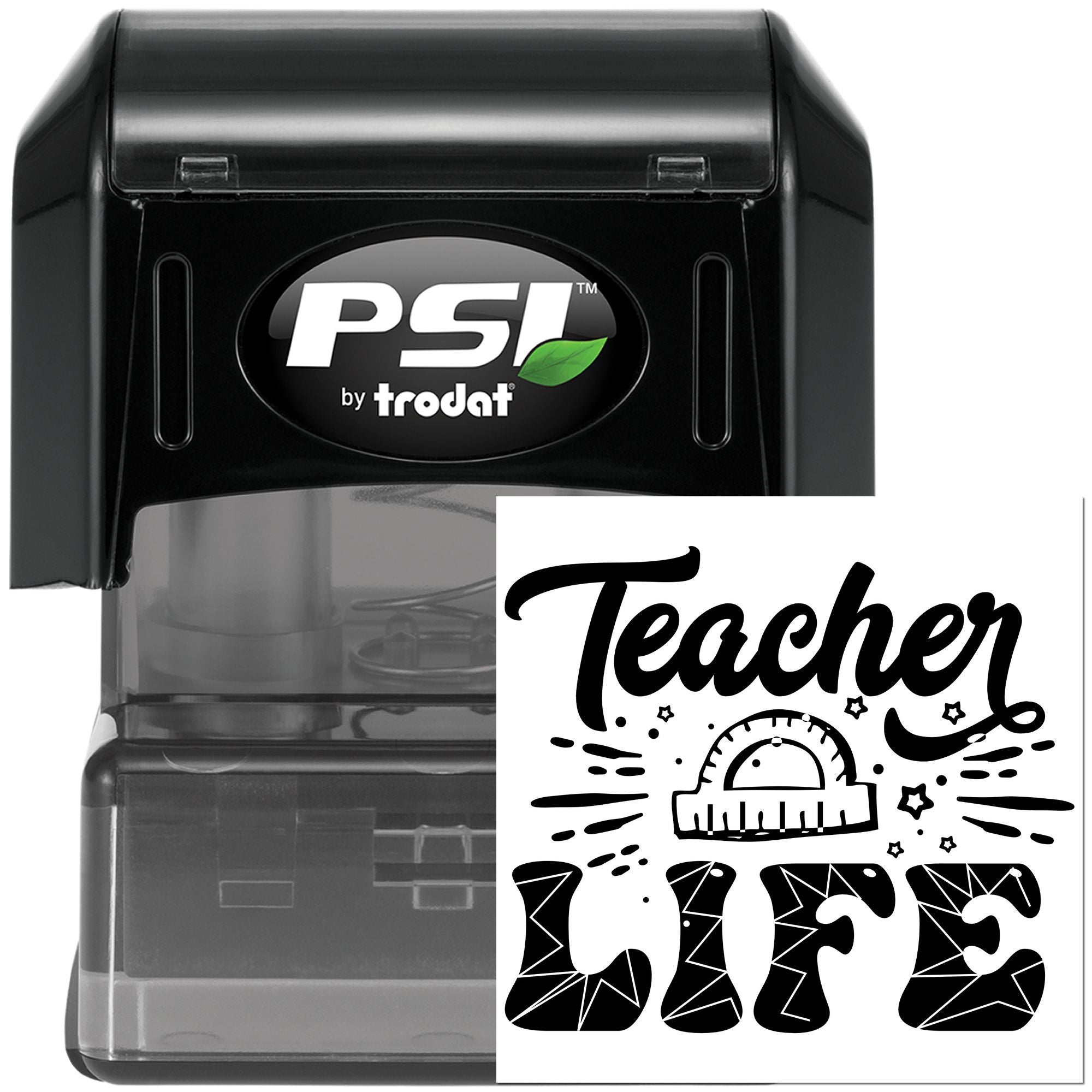 PSI by Trodat self-inking teacher rubber stamp with Teacher Life design for classroom grading and papers.
