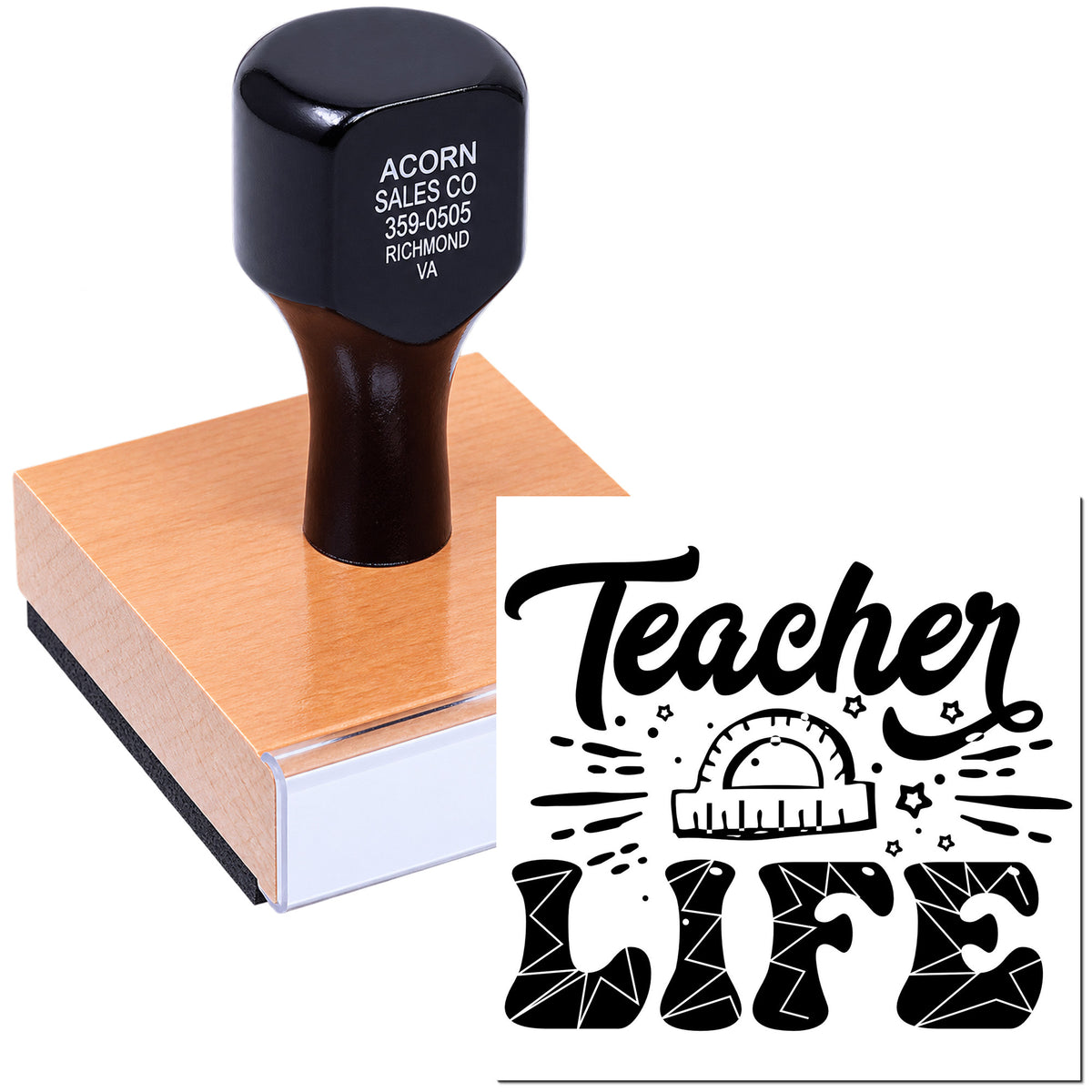 Teacher Life rubber stamp on wooden handle for classroom grading, lesson planning, and educator rewards.