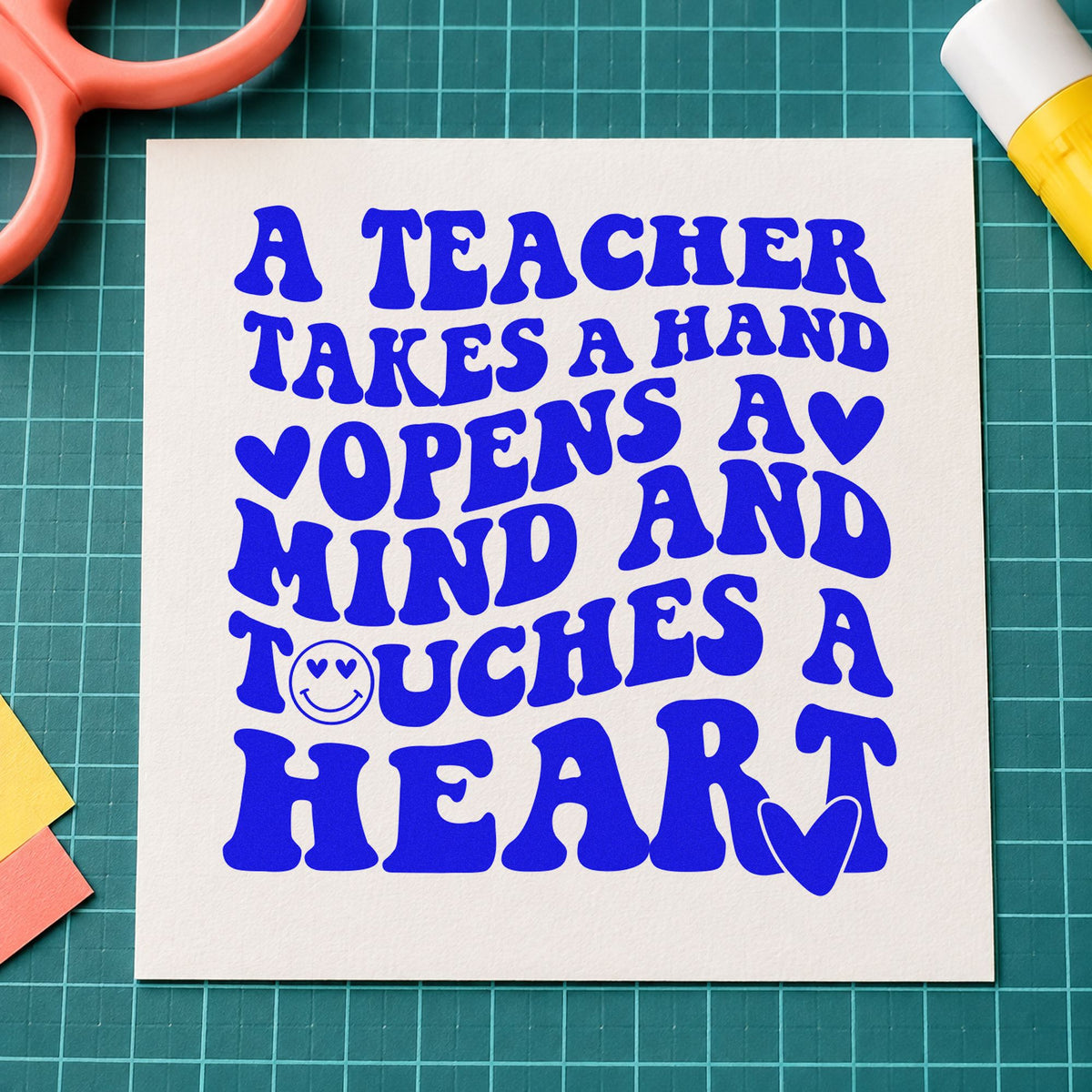 Teacher Takes Hand Touches Heart craft stamp in blue ink on cardstock, an easy option for cushion smile panels.