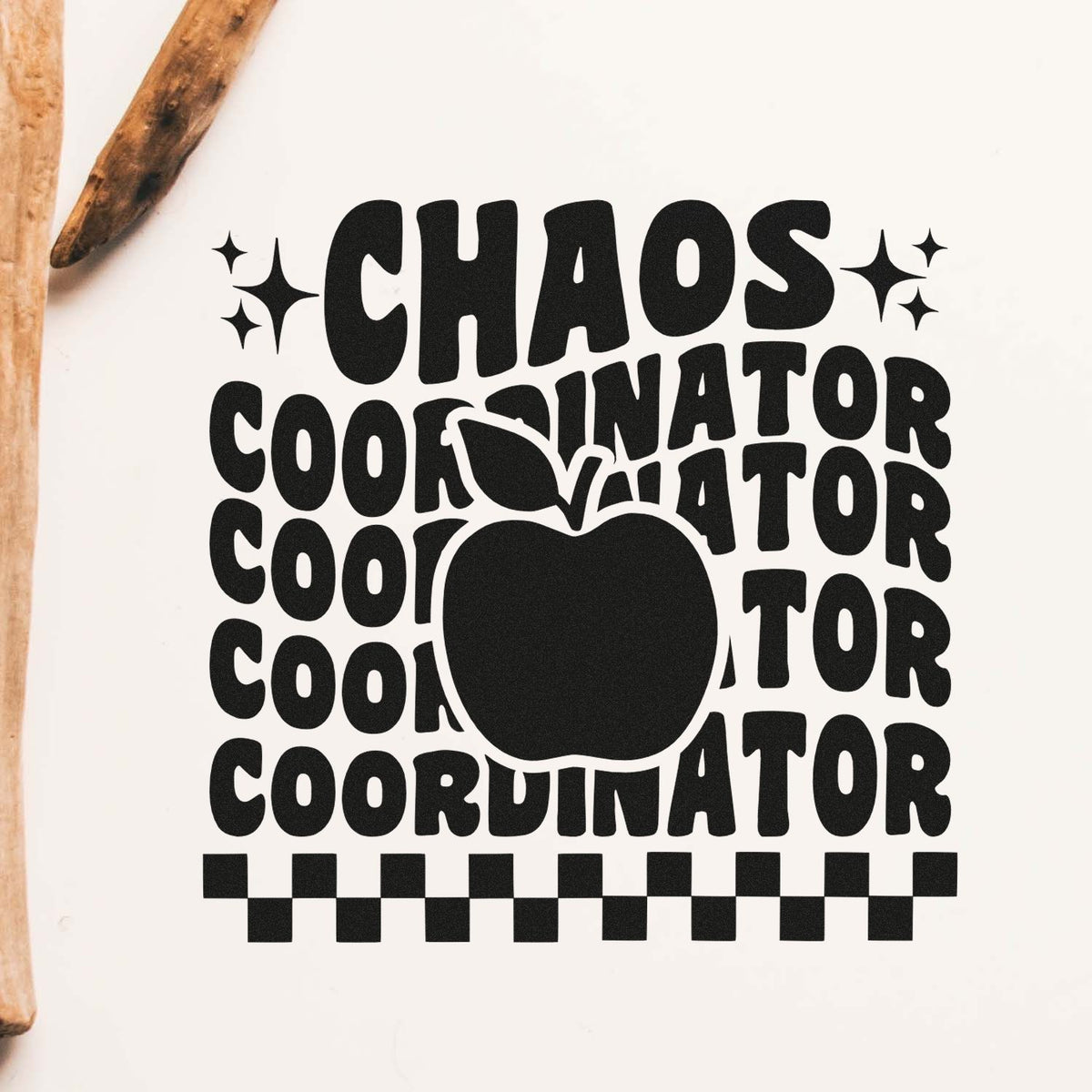 Chaos Coordinator rubber stamp design with apple icon and checker border for planners, labeling, and crafty projects.