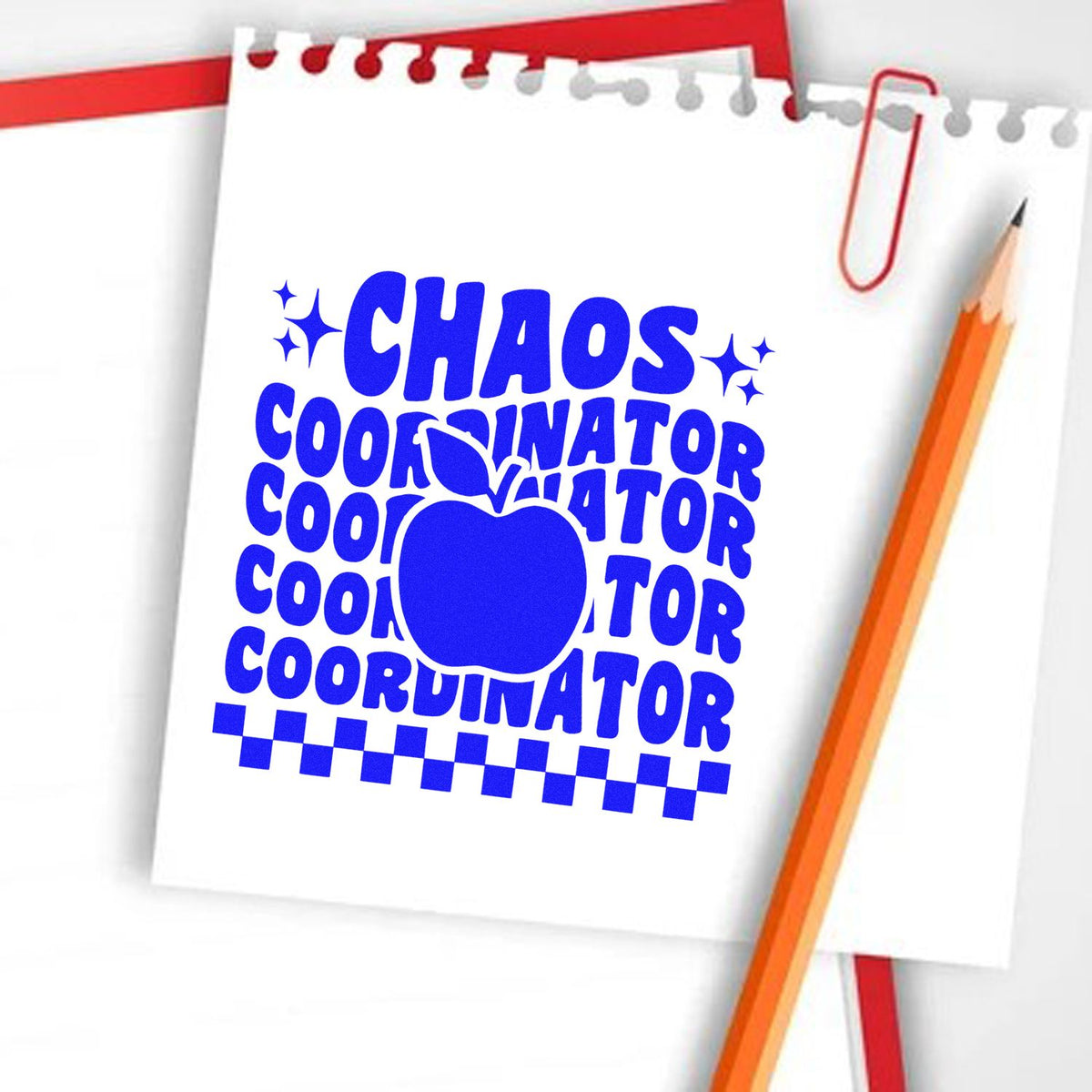 Custom Chaos Coordinator rubber stamp design with apple icon on notebook paper for teachers, planners, and labels.