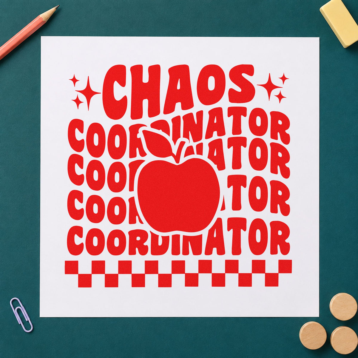 Chaos Coordinator Apple Repeat rubber stamp shown in red ink, stamped for projects such as busy week notes.