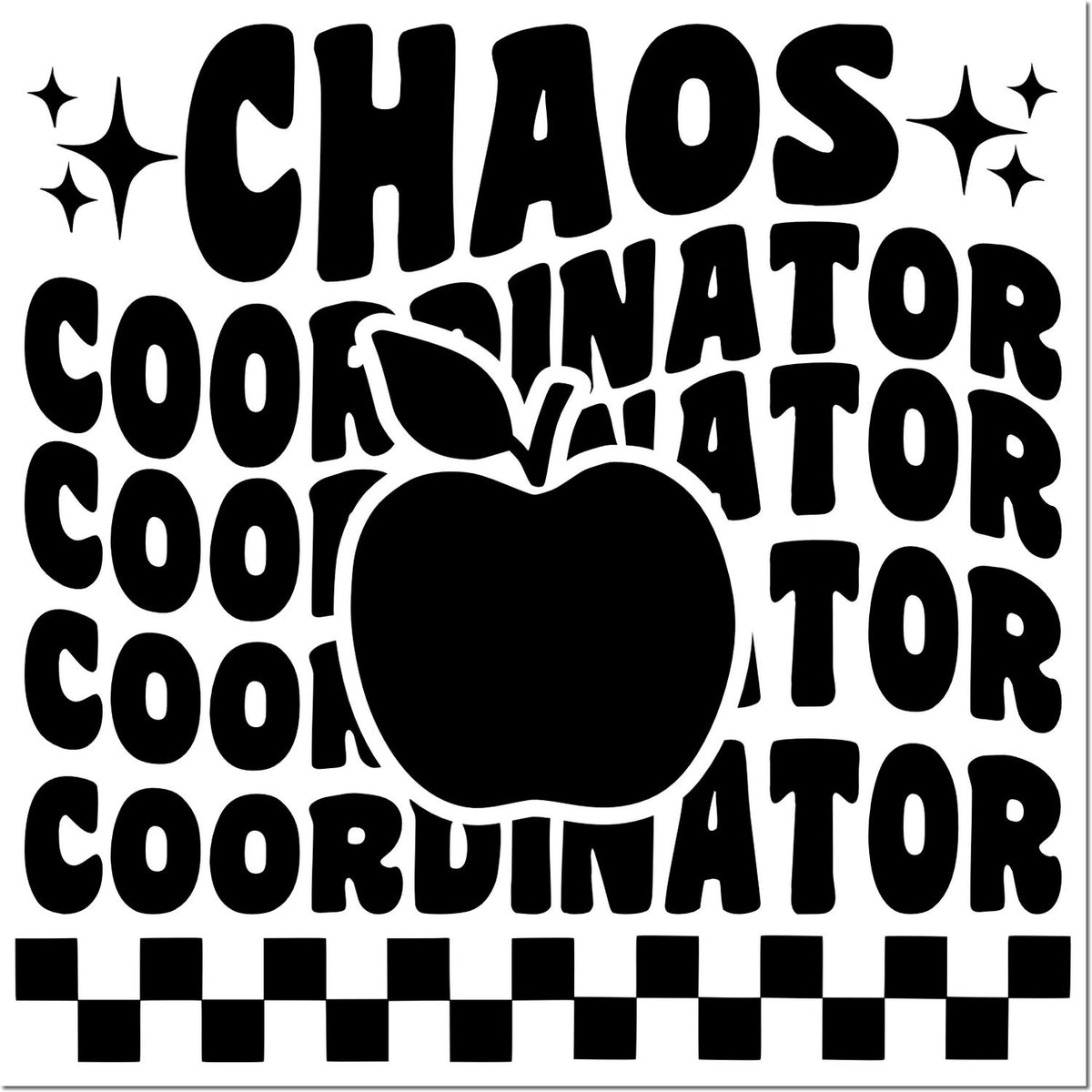 Chaos Coordinator rubber stamp design with apple and checkered border, perfect for teachers, classroom decor, and custom stamps.